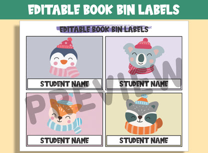 Adorable Winter Creatures at Your Fingertips: 16 Editable Book Bin Labels for Classroom Charm, PDF File, Instant Download