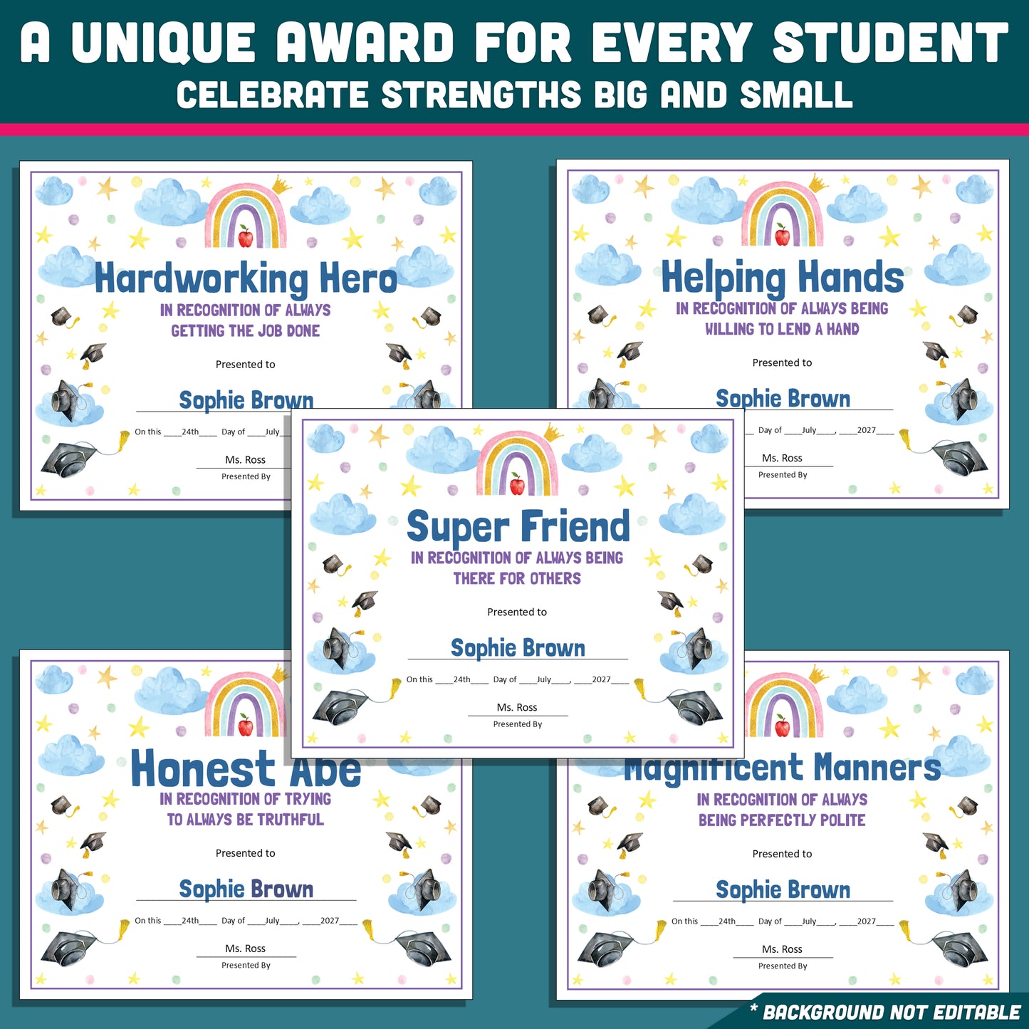 Kindergarten End-of-Year Awards, Personalized Recognition Set, 26 Customizable Diplomas and Certificates, PowerPoint, Printable