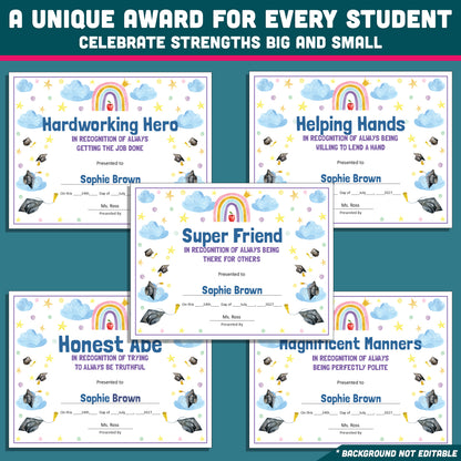 Kindergarten End-of-Year Awards, Personalized Recognition Set, 26 Customizable Diplomas and Certificates, PowerPoint, Printable