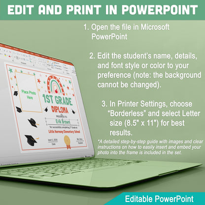 Editable 1st Grade Graduation Diploma & Certificate Set, Retro Rainbow Stars Theme, Printable Awards, Photo or No-Photo Options, PDF, PowerPoint