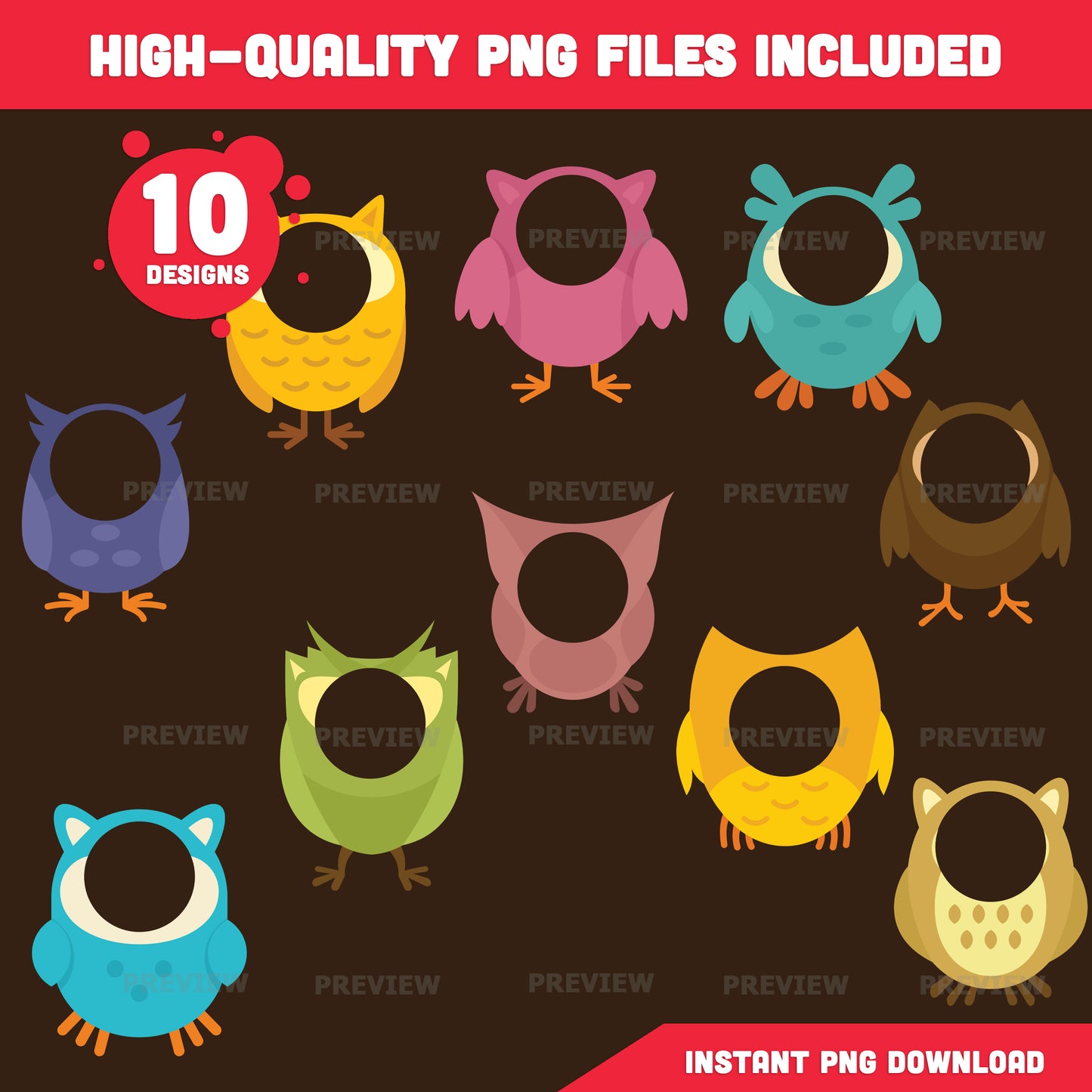 Owl Body Templates, Add Your Own Face Printable Craft, Personalized Owl Characters, 10 Printable Designs, PNG, US Letter, A4 PDF