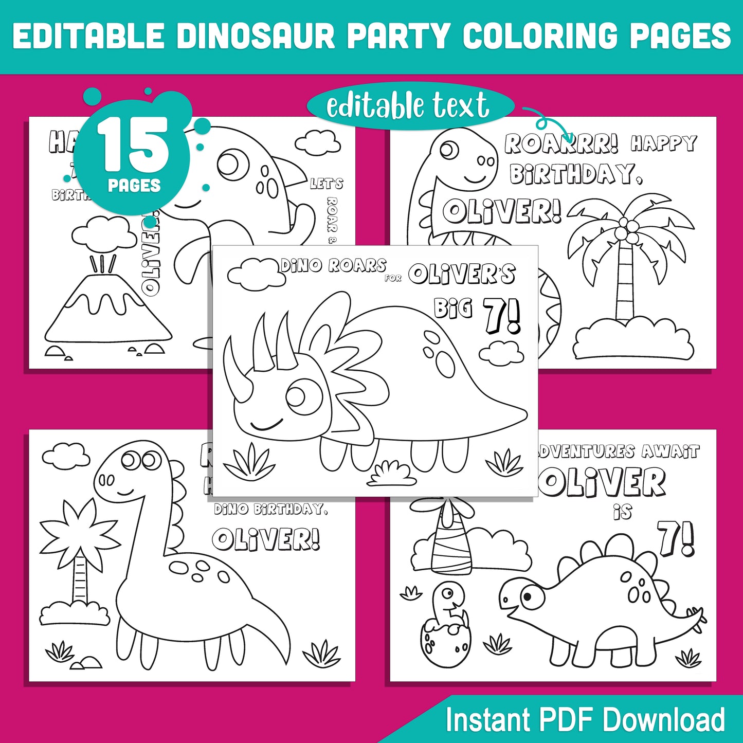 Customizable Dinosaur Birthday Coloring Pages: 15 Fun Party Printables, Perfect for Kids' Birthday Celebrations, Instant Download PDF