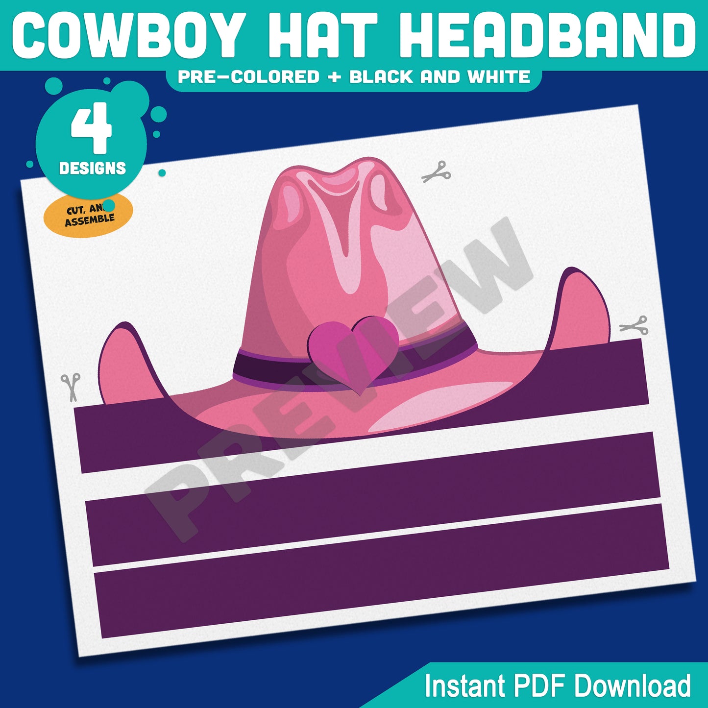 Cowboy Hat Headband Craft, Wild West Paper Crown Template, Wearable Cowgirl & Cowboy Coloring Activity, Summer Fun Printable