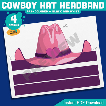 Cowboy Hat Headband Craft, Wild West Paper Crown Template, Wearable Cowgirl & Cowboy Coloring Activity, Summer Fun Printable