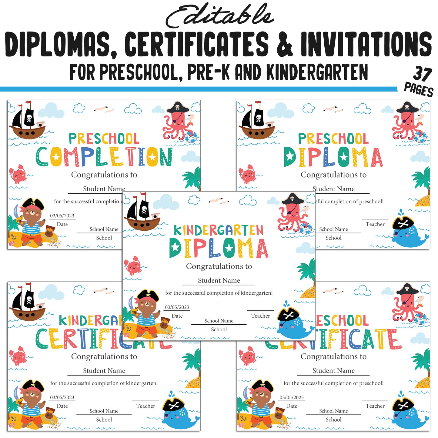 Printable / Editable Kindergarten, Pre-K, Preschool Completion Certificates, Diplomas & Invitations, PDF Files, Instant Download