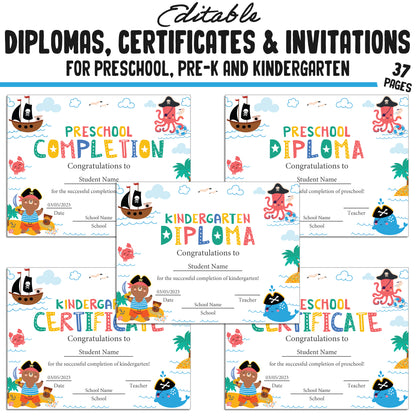 Printable / Editable Kindergarten, Pre-K, Preschool Completion Certificates, Diplomas & Invitations, PDF Files, Instant Download