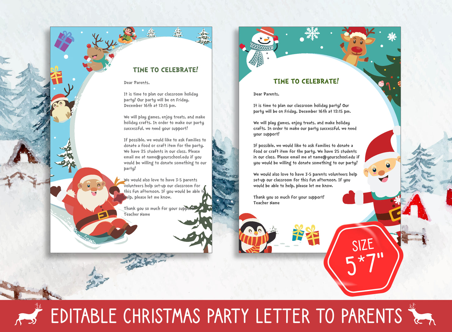 Christmas Letter to Parents Template and Invitations - 2 Designs, 2 Sizes (8.5"x11" and 5"x7"), PDF File, Instant Download