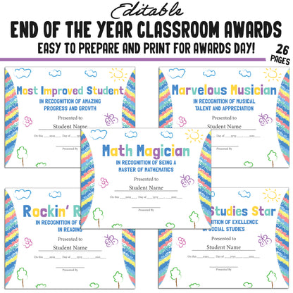 Editable End of Year Awards for Students, 26 Pages, PDF, Instant Download – Perfect for Classroom and Student Achievements