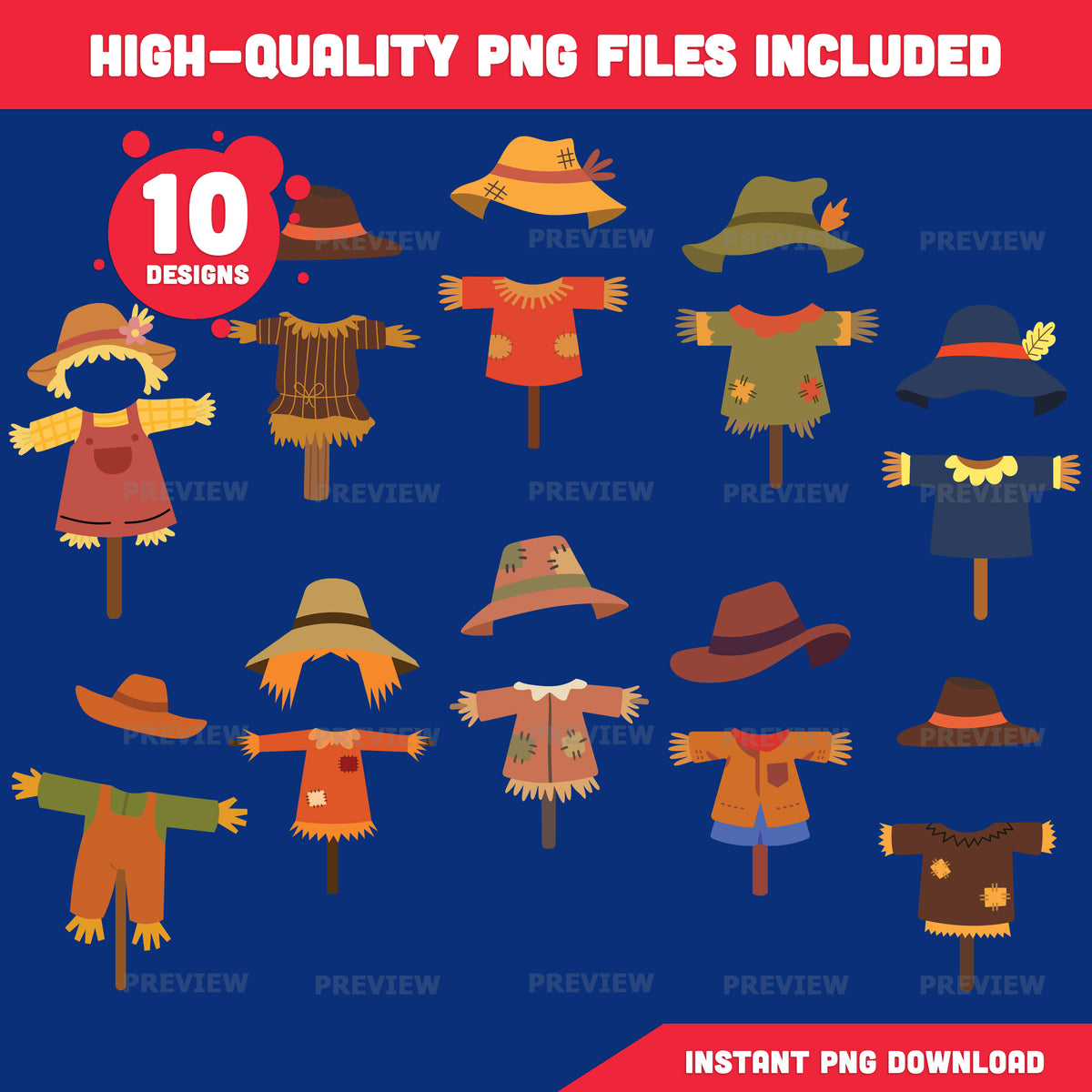 Scarecrow Body Templates, Autumn Add Your Own Face Craft, PDF + PNG Files, Coloring Version Included, Fall Classroom Activity, 10 Unique Designs