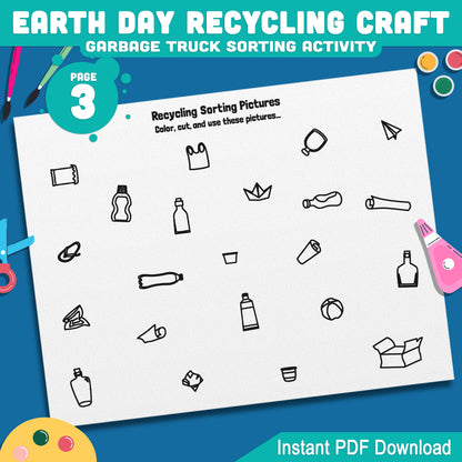 Earth Day Recycling Craft, Garbage Truck Sorting Activity, Recycle Sorting Worksheet, Cut and Paste Activity for Kids, Classroom Printable PDF