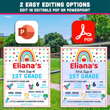 Editable First & Last Day of 1st Grade Sign, Printable Back to School Sign for Kids, PDF and PowerPoint, 16x20" Poster