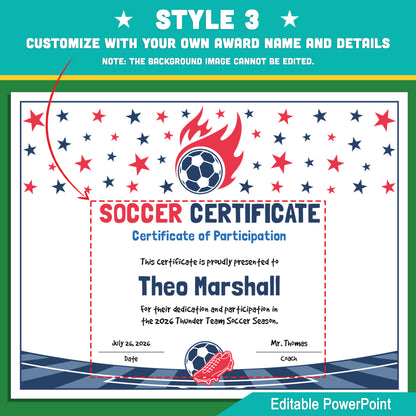 Editable Soccer Certificates | 4 Styles with Photo Options | Youth Team Awards, Player Recognition - 8.5x11 PowerPoint Instant Download