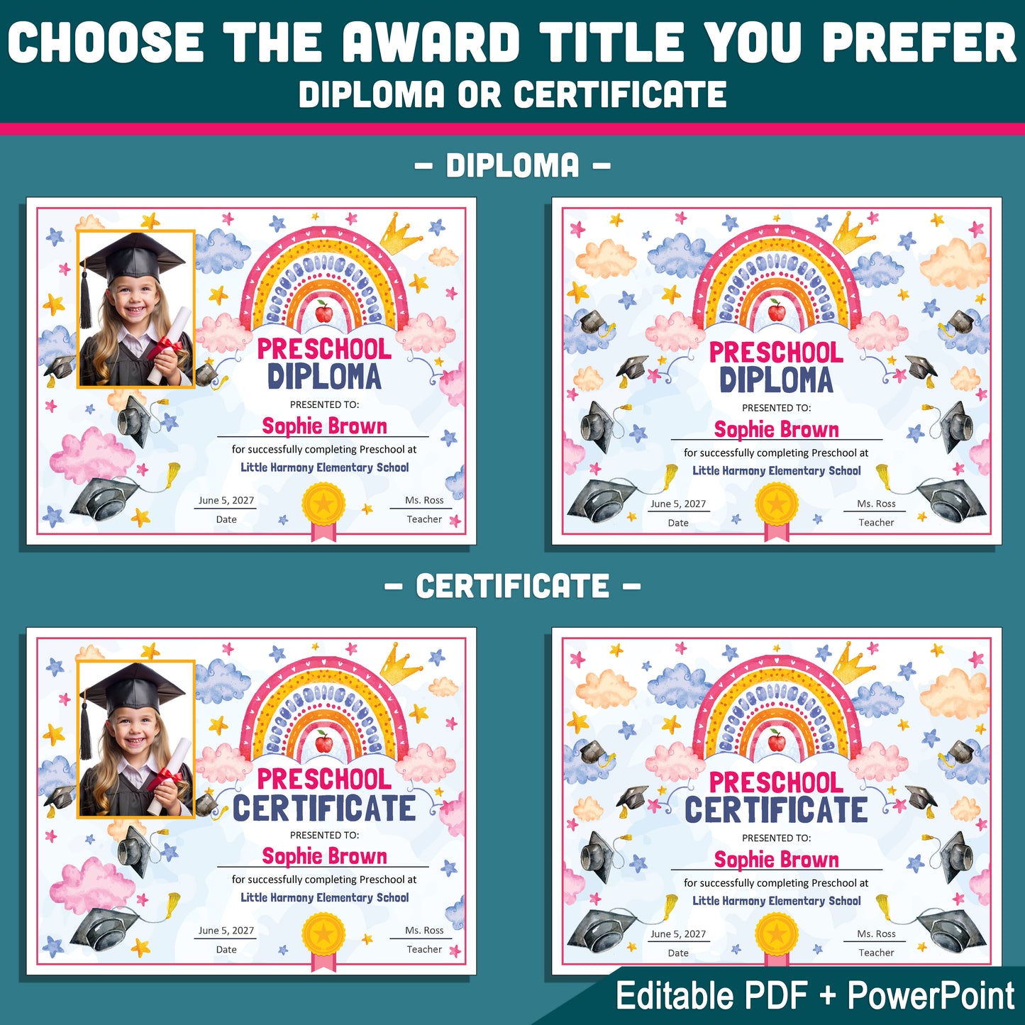 Editable Certificate of Completion, One Template Any Grade Graduation Diploma, Pre-K Preschool to 1st–8th & Beyond, PDF PowerPoint Templates