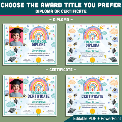 Editable Awards and Certificates, Rainbow Cloud and Star Graduation Template, Preschool & Beyond, Any Grade Diploma or Certificate, With and Without Photo, PDF PowerPoint