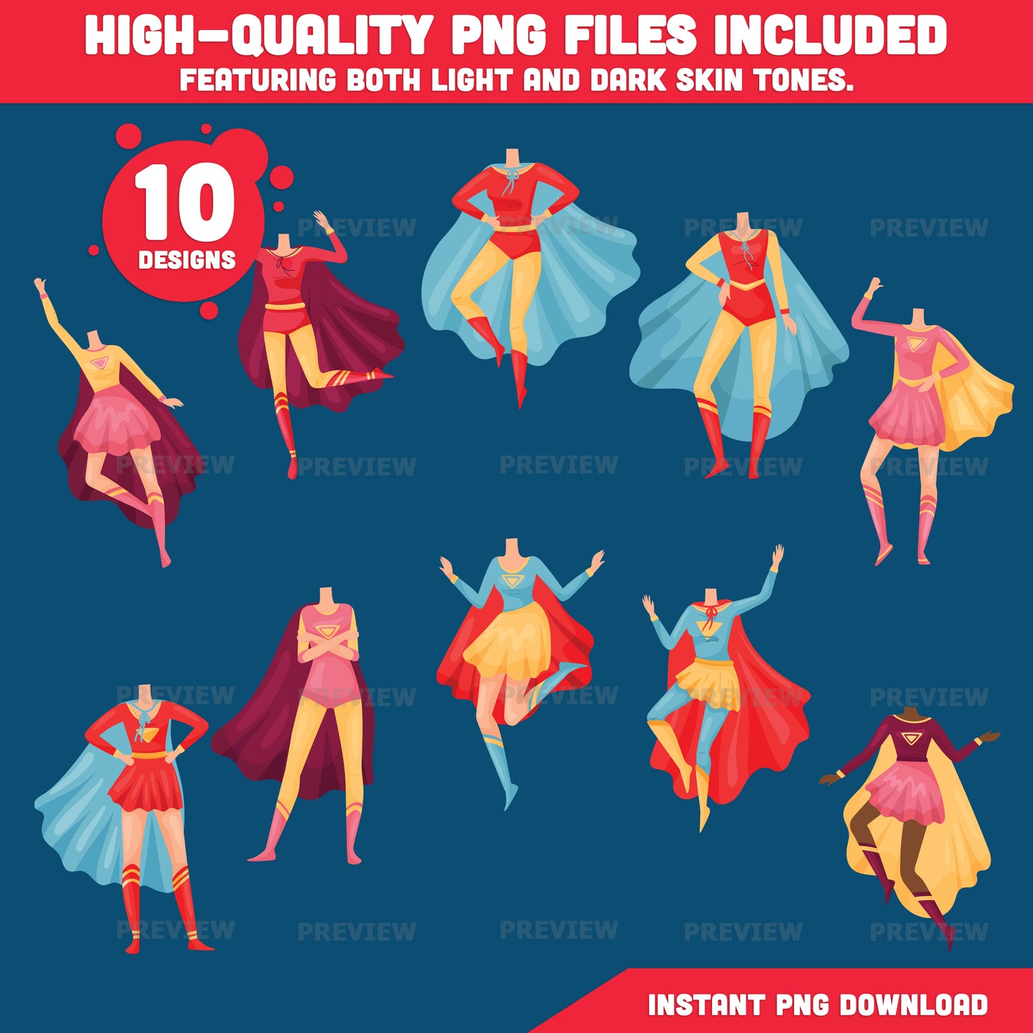 Female Superhero Body Cutouts – Create Your Own Heroine Add Your Face Crafts, 10 Unique Designs Light + Dark Skin Tone, Coloring Version Included, PDF + PNG