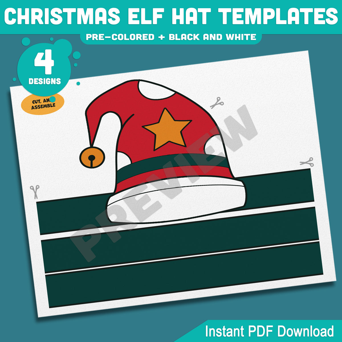 Christmas Elf Hat Templates, Kids Coloring Activity, Cut and Assemble Paper Hats