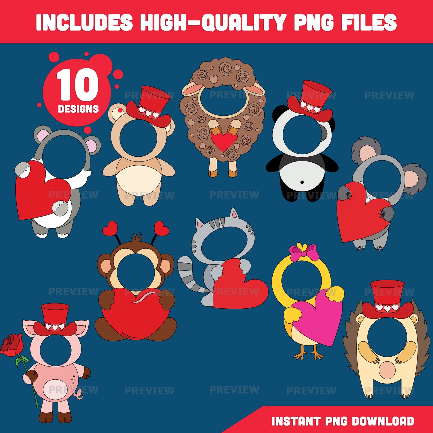 Valentine Animal Body Templates – Add Your Own Face Craft with Coloring Pages, Valentine Art Activity for Kids, 10 Designs, PDF & PNG