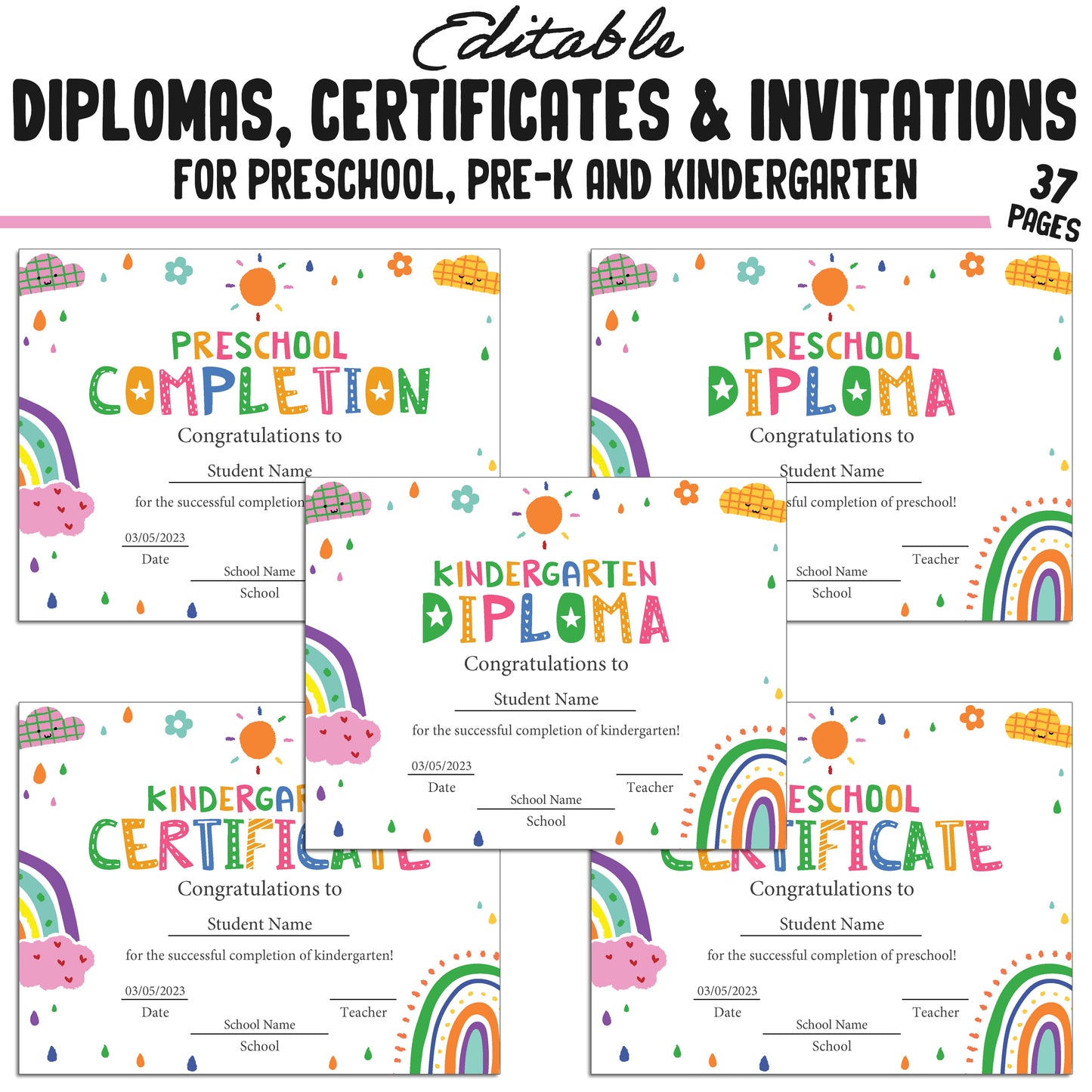 37 Editable Printable Pre-K, Kindergarten, and Preschool Diploma and Invitation Templates (PDF) - Instant Download