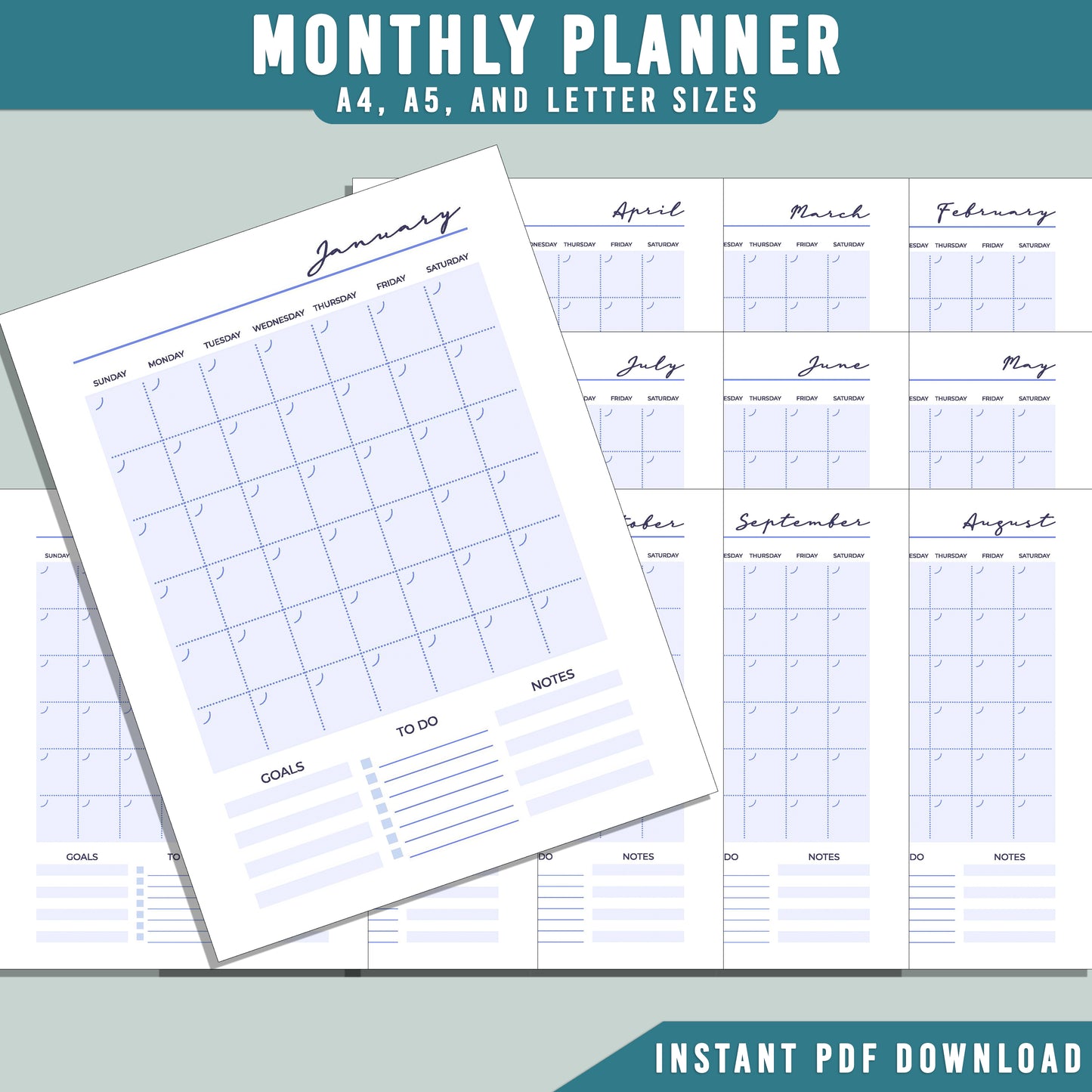 2025 Printable Planner: 19 Minimalist Pages for Goal Tracking, To-Do Lists, and Daily Organization, A4, A5, Letter Sizes, Instant PDF Download.