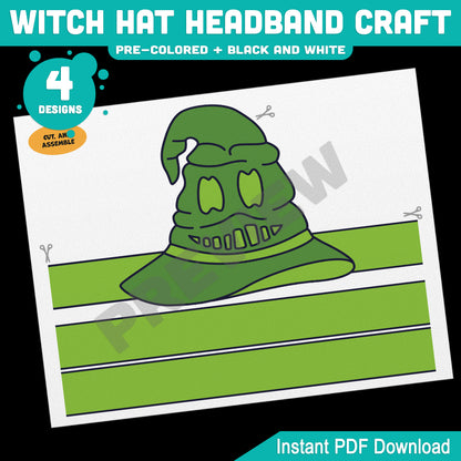 Witch Hat Headband & Crown Craft, Halloween Craft Templates for Kids, Paper Witch Hat, Pre-Colored + Black & White Printable Activity