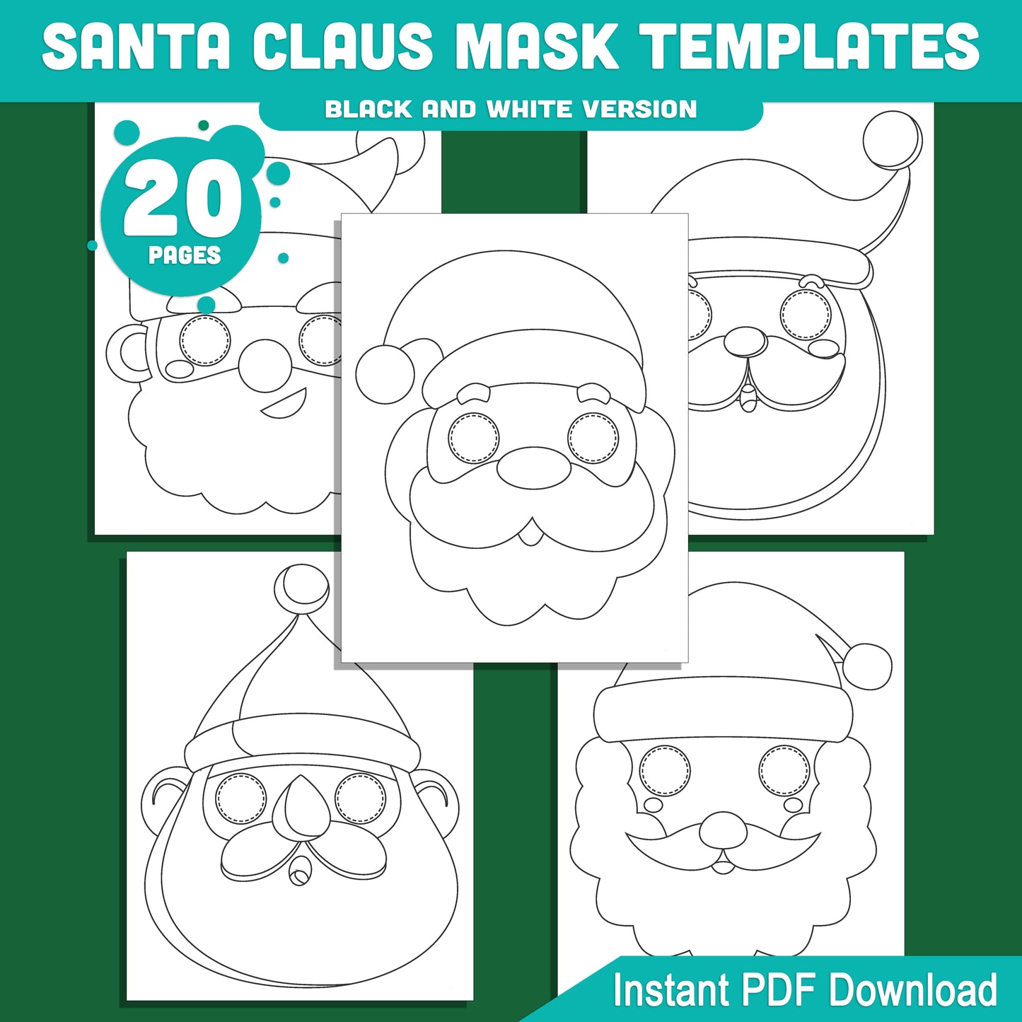 Printable Santa Claus Mask Templates: Fun Christmas Craft for Kids, 10 Designs, 20 Pages (Pre-Colored + Black and White), Perfect for Classroom or Home, PDF