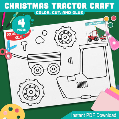 Creative Christmas Tractor with Tree Template: Kids' Holiday Craft Activity for Winter Bulletin Boards & Gifts, 4 Pages, Instant PDF Download.