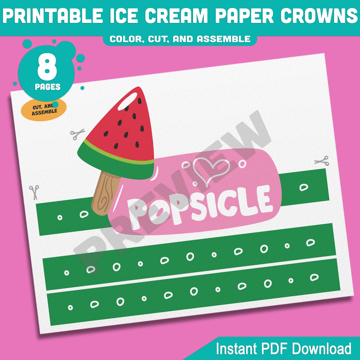 Ice Cream Crown Headbands & Hats for Summer Fun – Printable Kids Activity, 4 Cute Designs, Pre-Colored + Black & White, 8 Pages PDF