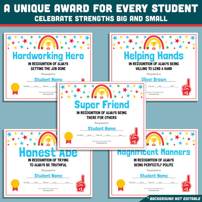 Editable Classroom Awards, Printable Certificates Bundle, 26 Student Recognition Designs, Classroom Celebration Pack, Teacher Friendly Resource