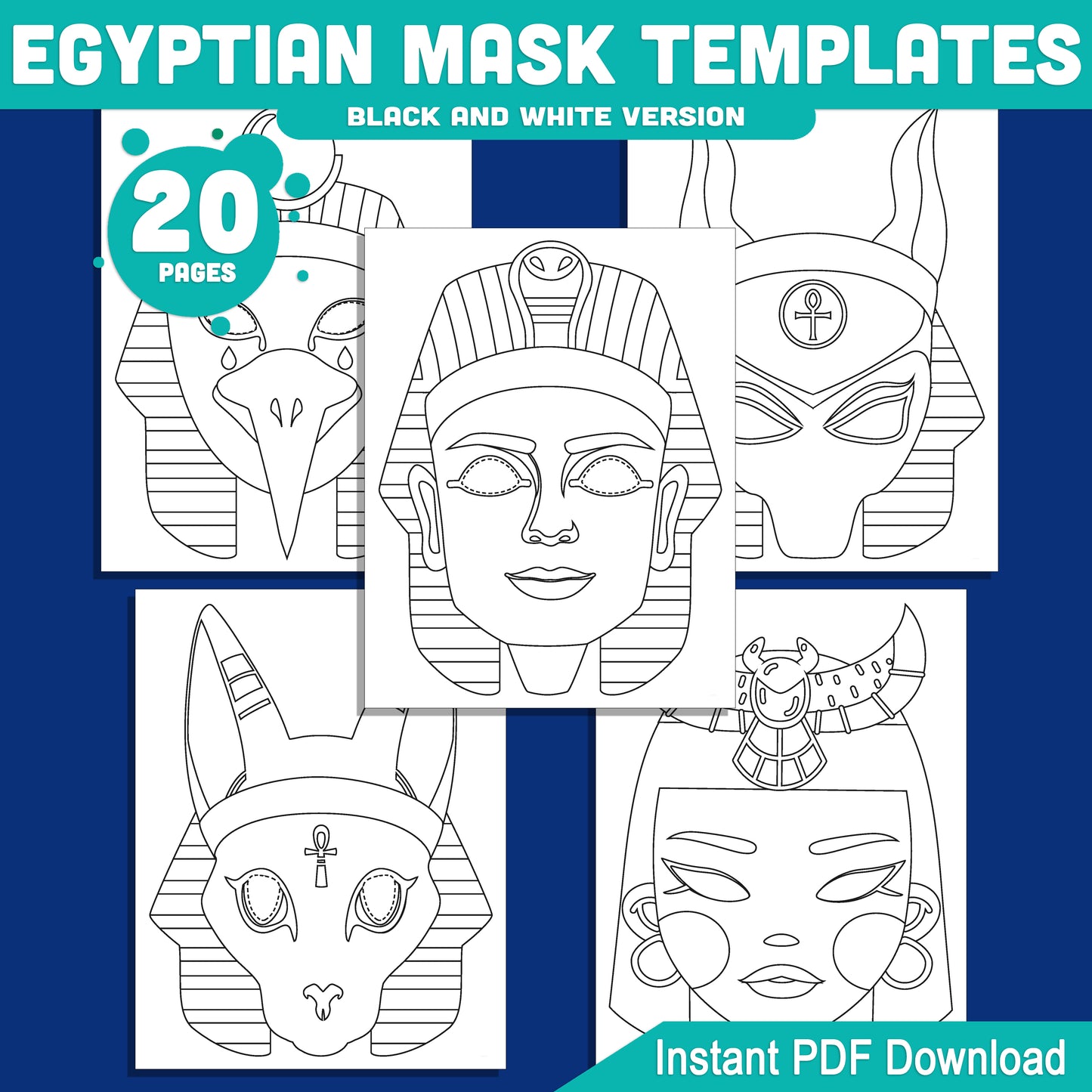 Egyptian Mask Templates for Kids: Printable Pharaoh, Anubis, Cleopatra & More Masks, Pre-Colored & Black and White, Fun PDF Craft Activity