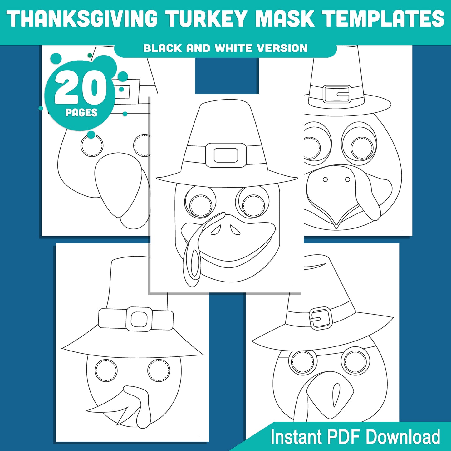 Printable Thanksgiving Turkey Mask Templates: Fun Fall Paper Craft for Kids, 10 Designs, Pre-Colored + Black and White, Perfect for Classroom Party or Family Craft
