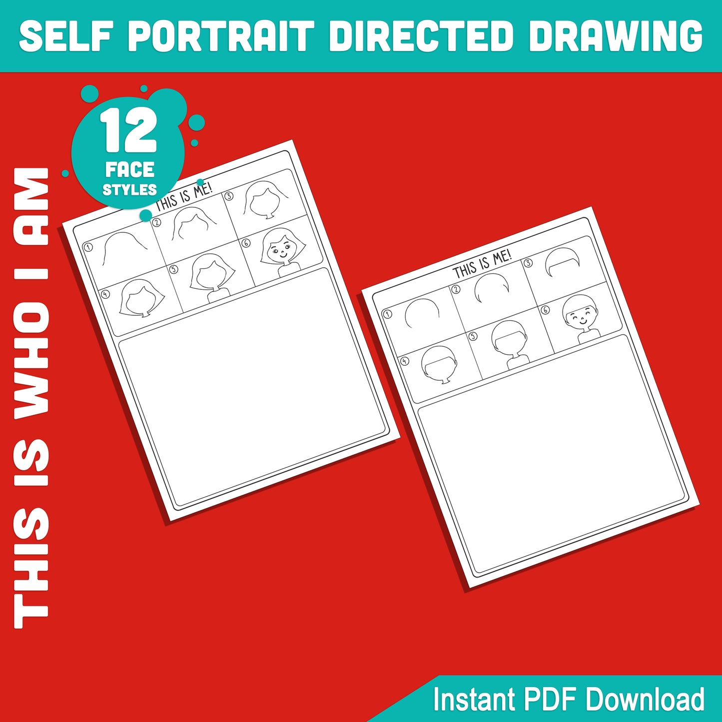 12 Fun Face Styles for Kids’ Self-Portrait Drawing: Step-by-Step Tutorial for School Projects and Art Lessons, PDF File, Instant Download