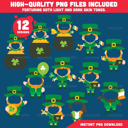 Leprechaun Body Templates for St. Patrick’s Day, Add Your Own Face Craft for Kids, Printable Body Clip Art, Coloring Version Included