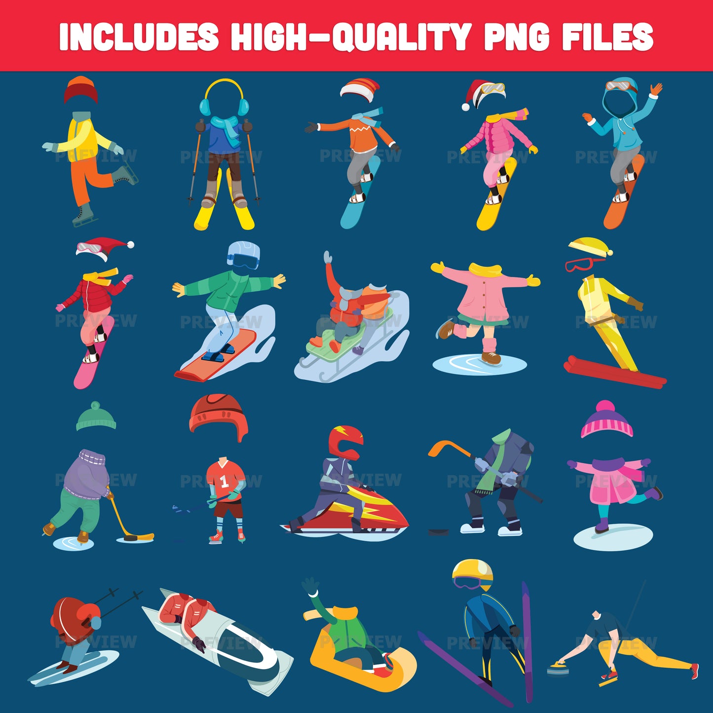 Winter Sports Body Clipart – Add Your Face, Add-Your-Face Winter Sports Templates, 20 Designs, High-Resolution PDF + PNG Files for Classroom Crafts, Home Activities, and Seasonal Projects