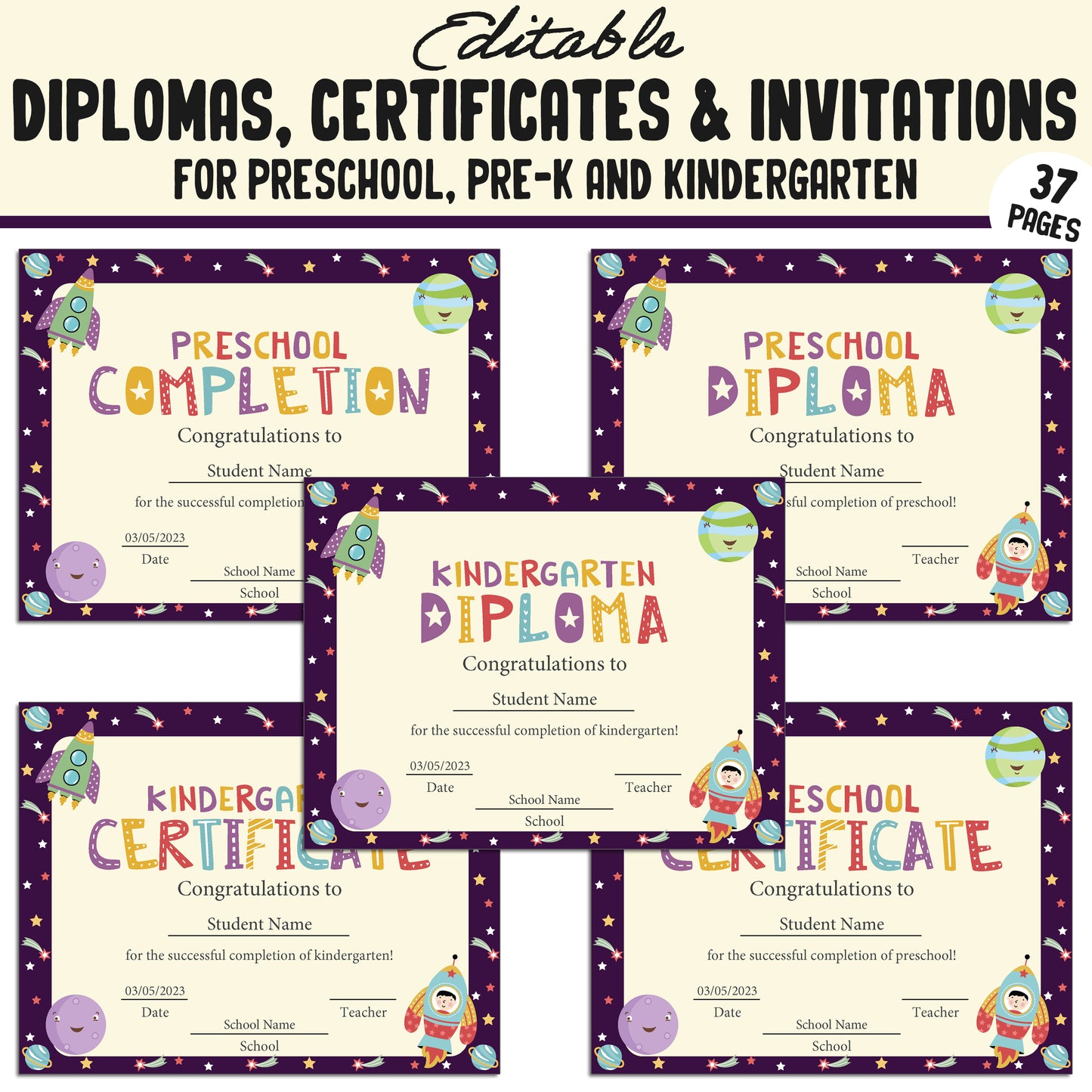 37 Editable Pre K Graduation Diploma, Preschool, Kindergarten Certificates, and Invitations – Instant PDF Download!