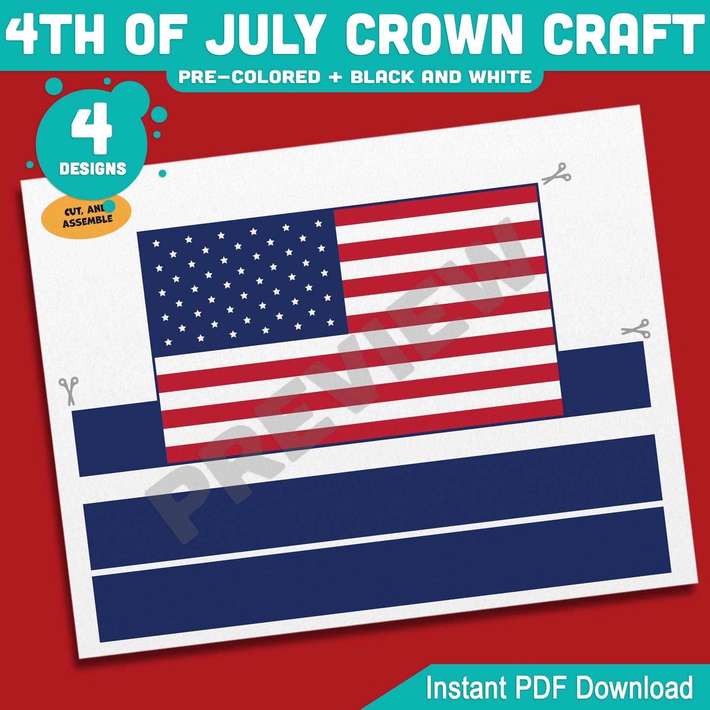 4th of July Crown Craft, Printable Holiday Headband Activity for Kids, Patriotic Coloring and Wearable Crown Templates