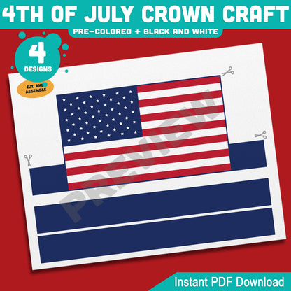 4th of July Crown Craft, Printable Holiday Headband Activity for Kids, Patriotic Coloring and Wearable Crown Templates