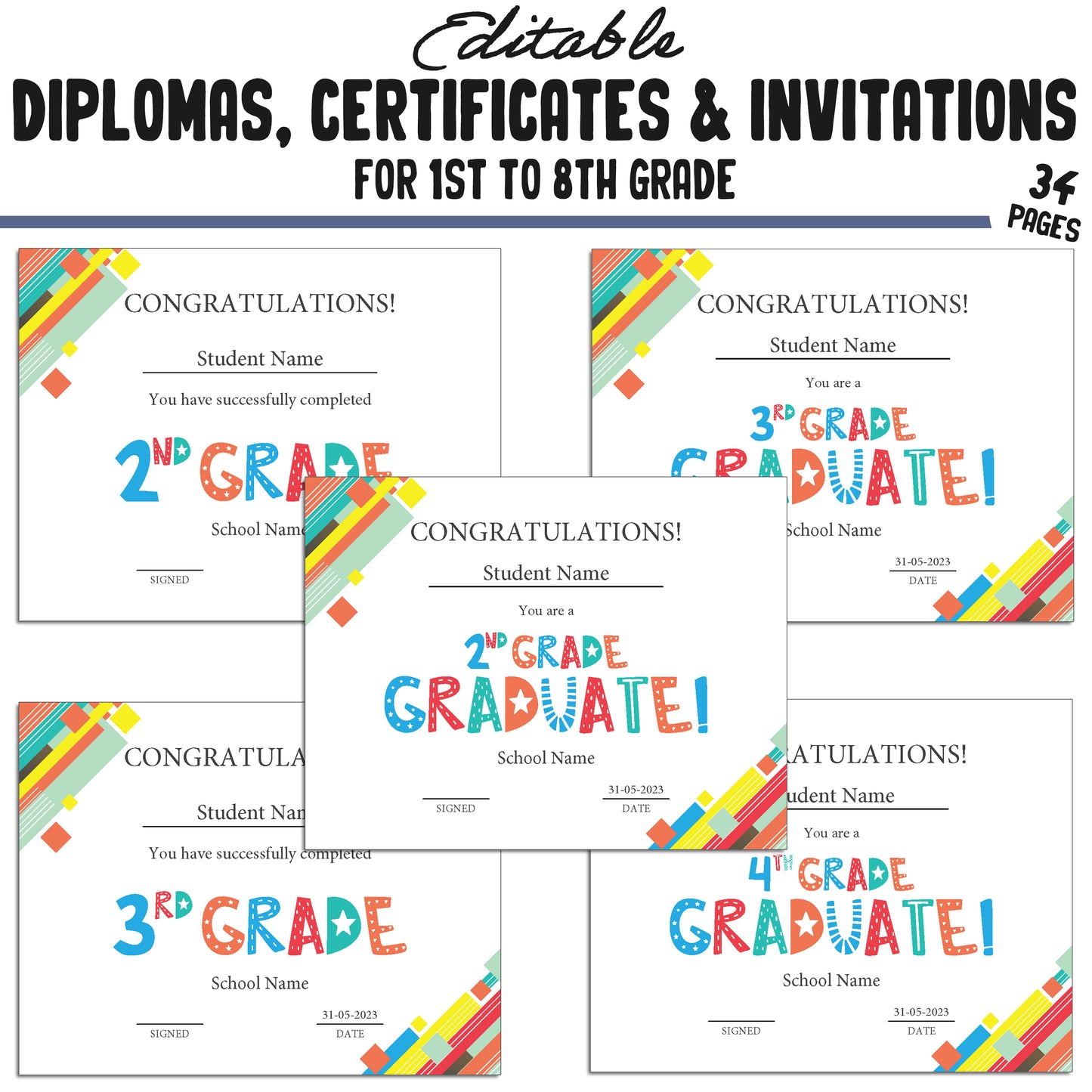 Editable Diplomas for 5th Grade, Certificates for 1st-8th Grade & Invitation Templates in a Abstract Theme - 34 Pages, PDF Instant Download