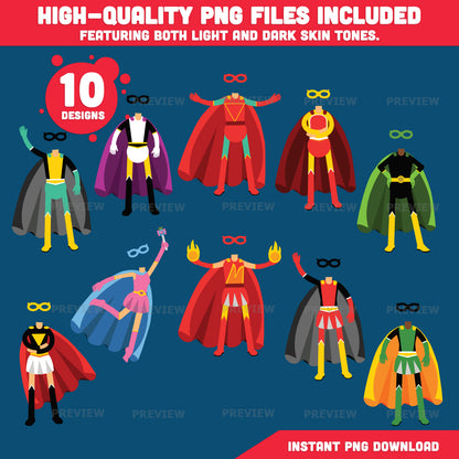 Male & Female Superhero Templates – Design Your Own Hero, Add Your Face Craft, 10 Unique Designs Light + Dark Skin Tone, Coloring Version Included, PDF + PNG