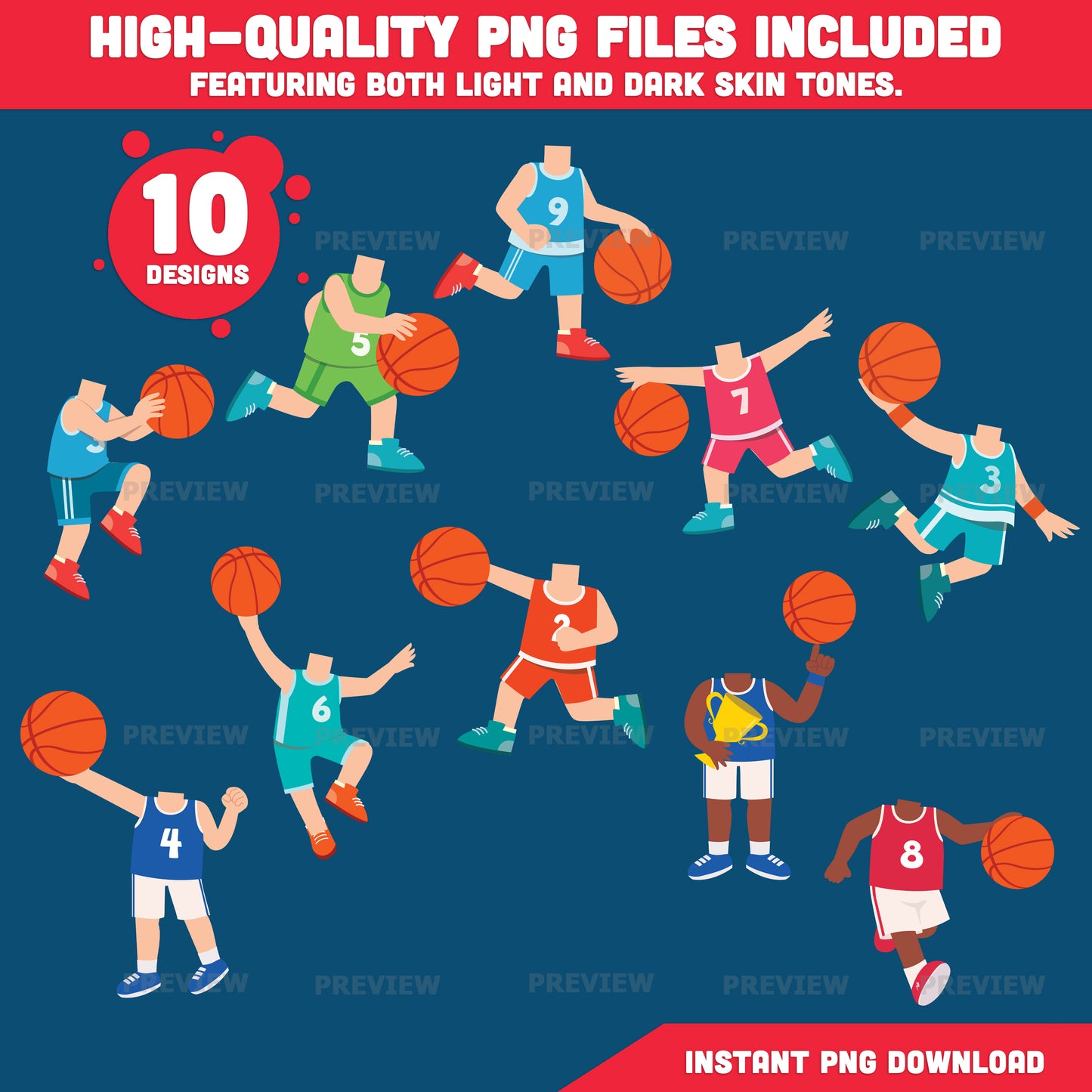 Basketball Player Body Templates, Add Your Own Face Craft Activity, Sports Photo Insert Printable, 20 Designs Light & Dark Skin Tone, Coloring Version Included