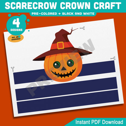 Scarecrow Crown Craft, Fall Paper Crown & Hat Activity, Printable Headband, Pre-Colored and Black & White, Autumn Craft, 4 Designs, A4, US Letter