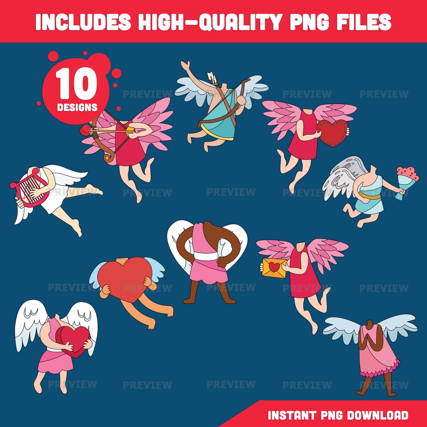 Valentine Cupid Body Templates – Add Your Own Face Crafts, Valentine Activities for Classroom & Home, Coloring Version, High-Res PDF PNG