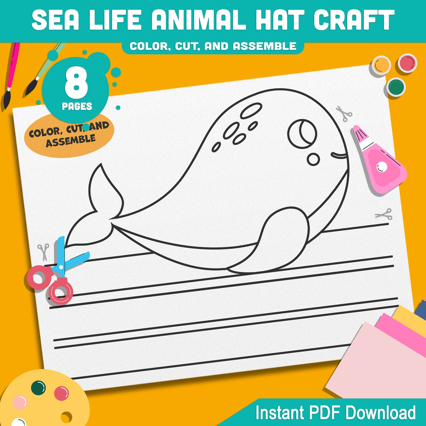 Ocean Animal Hat Templates: 4 Cute Designs Featuring Whale, Crab, Shark, Starfish for Kids’ Creative Crafts at Home or School, Instant PDF