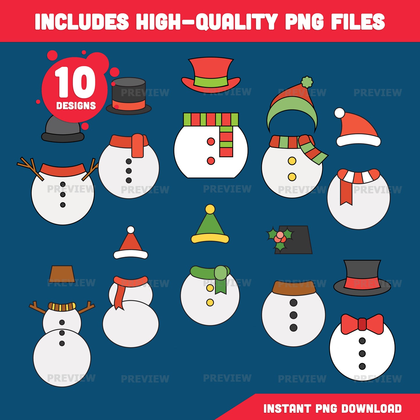 Snowmen Add Your Own Face Crafts – Winter Body Templates, 10 Designs, High-resolution PDF + PNG Files, Coloring Version Included for Home, School, and Winter Activities