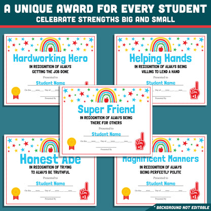 Class Awards Middle School End of the Year, Printable Certificates Bundle, 26 Editable Designs, Student Recognition Pack, Teacher Friendly