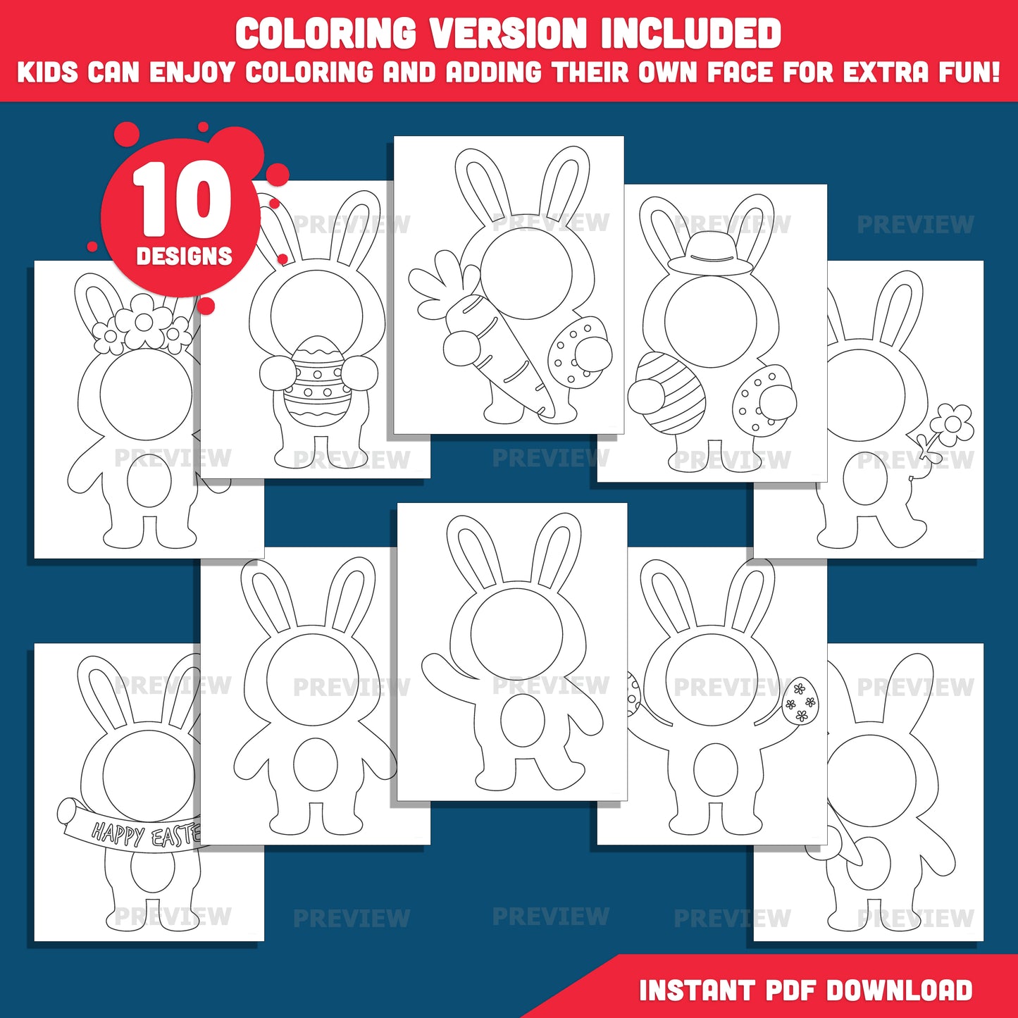 Blank Bunny Face Templates, Easter Add Your Own Face Craft, Coloring Version Included, Bulletin Board Bunny Body, PDF PNG Download