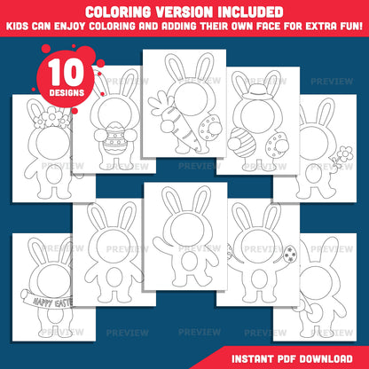 Blank Bunny Face Templates, Easter Add Your Own Face Craft, Coloring Version Included, Bulletin Board Bunny Body, PDF PNG Download