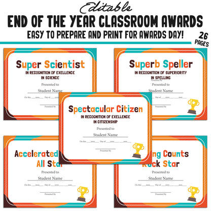 Editable Class Superlative End-of-Year Student Awards, 26 Pages, PDF, Instant Download – Perfect for Classroom and Student Achievements.