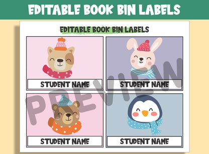 Adorable Winter Creatures at Your Fingertips: 16 Editable Book Bin Labels for Classroom Charm, PDF File, Instant Download