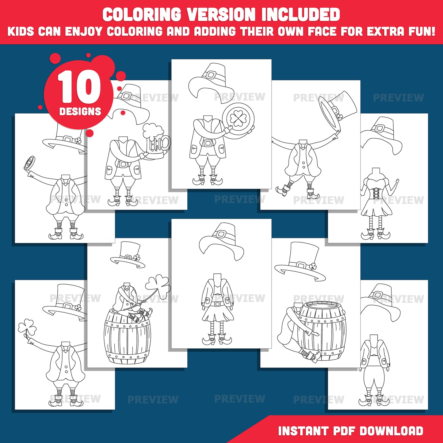 St. Patrick’s Day Body Templates – Leprechaun Add Your Own Face Craft for Kids, Printable Coloring Clip Art