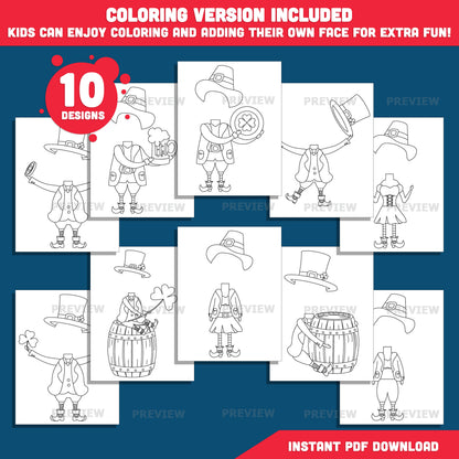 St. Patrick’s Day Body Templates – Leprechaun Add Your Own Face Craft for Kids, Printable Coloring Clip Art